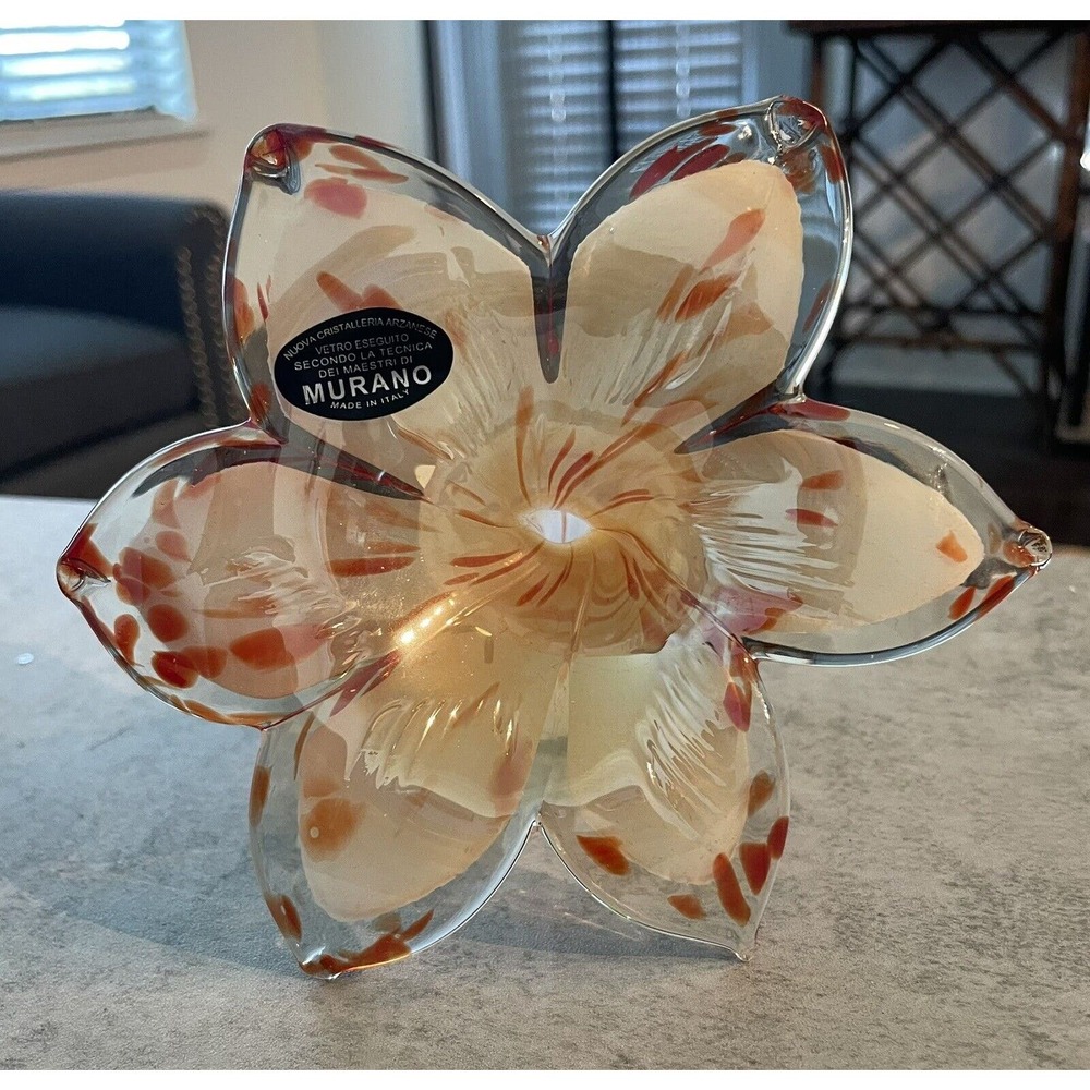 Murano Orange & Peach Art Glass w/ Six Petals Flower & a Curled Stem